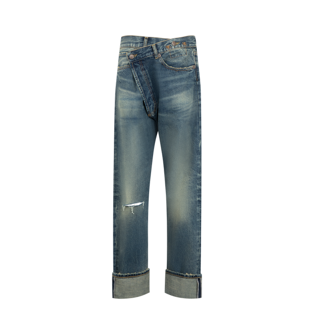Image 1 of 3 - BLUE - R13 Women's Cuffed Crossover Jeans are crafted from premium rigid selvedge denim and feature the brand's signature asymmetric crossover waistband, a straight-leg silhouette, and rolled cuffed hems for a distinctive modern look. Designed with a classic five-pocket construction and premium craftsmanship, these designer jeans combine R13's iconic deconstructed aesthetic with timeless everyday versatility. Main Material: 100% Cotton. Made in Italy. 