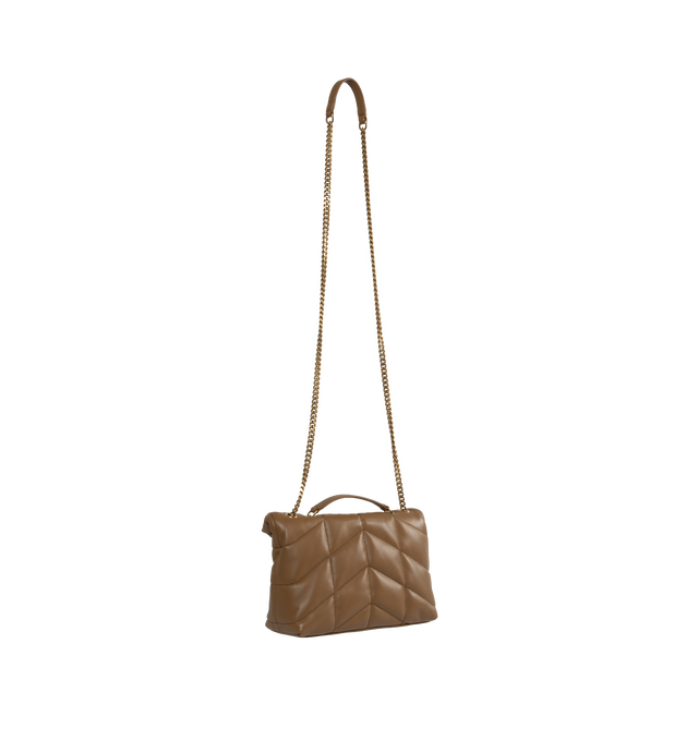Image 3 of 4 - BROWN - Sainut Laurent LouLou puffer bag in a mini version crafted from soft nappa lambskin with chevron quilting. Featuring magnetic snap tab, light bronze hardware, and a sliding 11.4 inch to 21.7 inch long chain strap suitable for use as a shoulder bag or cross-body.  Interior features a zipped pocket, two card slots and grosgrain lining.  Measures 9 X 6.1 X 3.3 inches. 100% lambskin. Made in Italy. 