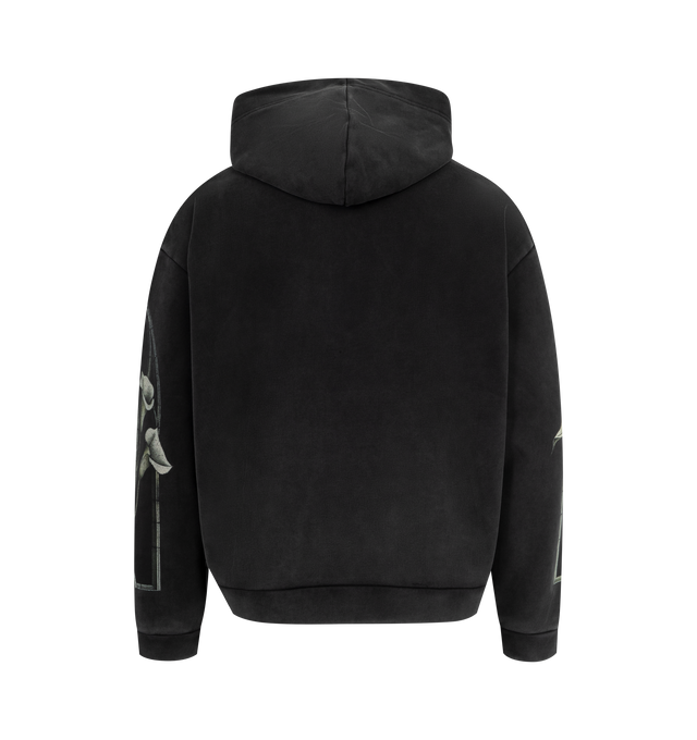 Image 2 of 2 - BLACK - WHO DECIDES WAR Calla Window Hooded Pullover Sweatshirt featuring french terry, drawstring hood, rib knit hem, and cuffs, graphic printed at front and sleeves and dropped shoulders. 100% cotton. 