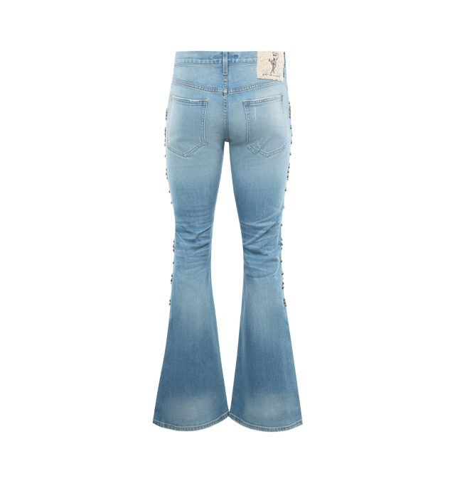 Image 2 of 3 - BLUE - COUT DE LA LIBERTE Jimmy Sioux Denim Motor Embellished Flare Jeans featuring button front closure, 5 pocket styling, studs embellishment and flared hem. 98% cotton, 2% elastane. Made in USA. 