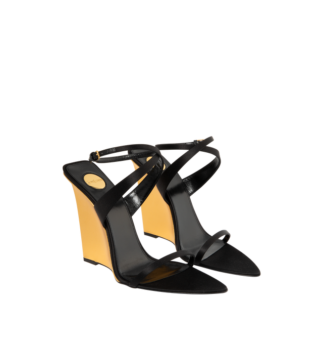 Image 2 of 4 - BLACK - Saint Laurent Women's Wedge Sandals with a leather upper, sole, footbed and lining featuring ankle buckle closure, pointed toe, and 4.3 inch wedge heel. Made in Italy. 