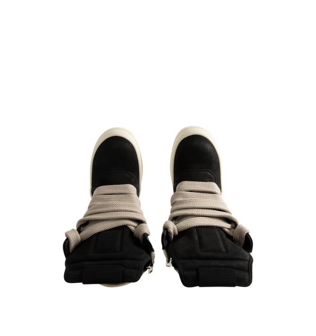 Image 5 of 5 - BLACK - RICK OWENS Jumbolace Geobasket Sneakers featuring high-top LWG-certified grained lambskin sneakers, perforated detailing at toe, lace-up closure, pull-loop at extended padded tongue, quilted padded collar, buffed calfskin lining and treaded rubber sole. Upper: lambskin, calfskin. Sole: rubber. Made in Italy. 