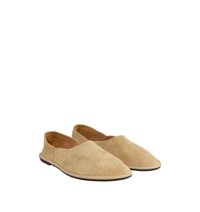 Image 2 of 4 - NEUTRAL - The Row deconstructed loafer in soft suede leather with round toe, raised stitching detail and rubber sole. 100% Suede Leather. Made in Italy. 
