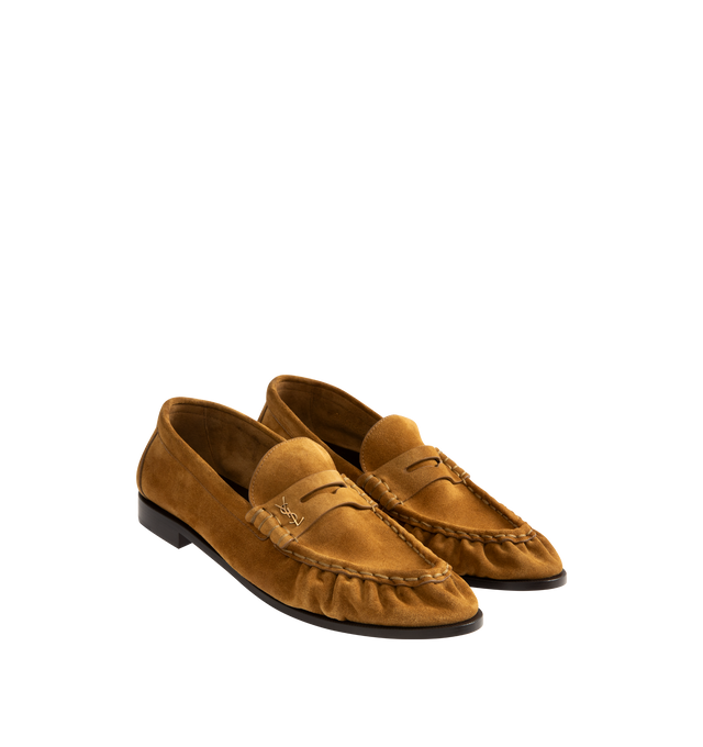 Image 2 of 4 - BROWN - SAINT LAURENT Le Loafer 15 Moc featuring supple penny loafers decorated with the cassandre, a hand-stitched moc toe and leather sole. Calfskin. Made in Italy. 