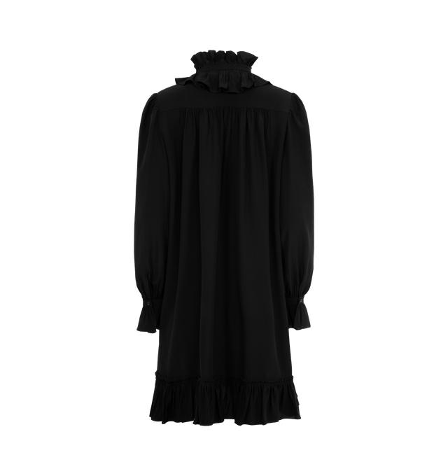Image 2 of 2 - BLACK - CHLOE Long-Sleeve Mini Dress in organic silk crpe de chine featuring tie-front, a high neck, ruffles and mother-of-pearl buttons. 100% silk. 
