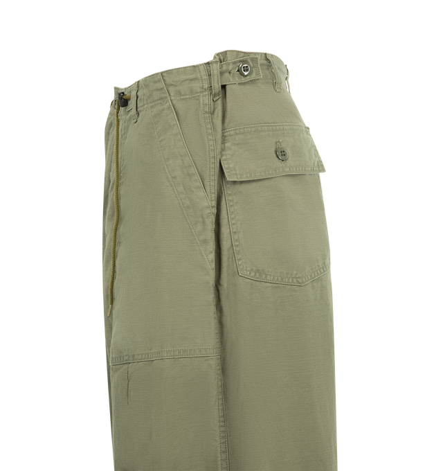 Image 3 of 3 - GREEN - NEEDLES H.D. Pant featuring paneled construction, zipper and button closure, adjustable drawstring at the waist, two side welted pockets, two back pockets with flap and button closure and oversized fit. 100% cotton. Made in Japan. 