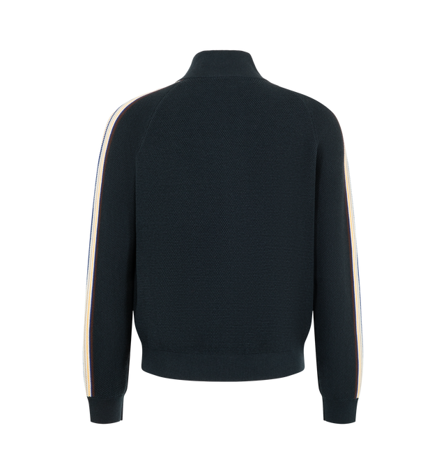 Image 2 of 3 - BLUE - Casablanca Men's Caf Culture Wool Track Jacket is crafted from a cotton-wool blend and features the house's signature Caf Culture stripe detailing extending from the ribbed high collar to the fitted ribbed cuffs. Designed with a front zip closure and signature diamond logo zipper pull, this relaxed-fit track jacket is finished with vertical welt pockets, a ribbed hem, and the house's signature diamond logo embroidery. Main Material: 50% Cotton, 48% Wool, 1% Polyamide, 1% Elastane. Embr 