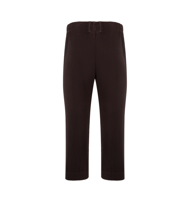 Image 2 of 3 - BROWN - ISSEY MIYAKE Pant featuring portability and lightweight comfort, quick-drying properties, shorter length, pockets on both sides, a drawstring waist and pleated thoughout. 100% polyester. Made in Japan.  