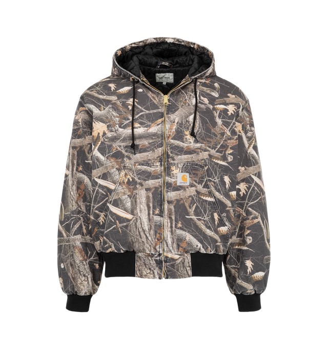 Image 1 of 3 - MULTI - Carhartt WIP Men's OG Active Jacket is crafted from heavyweight Dearborn canvas and features this season's allover Camo Feather Tree print, an adjustable hood, and a front zip closure. Designed in the brand's original loose fit, it is detailed with a diamond-quilted lining, kangaroo pocket, inside chest pocket, rib-knit cuffs and hem, triple-stitched construction, and a woven Square Label. Main Material: 100% Organic Cotton Dearborn Canvas. 