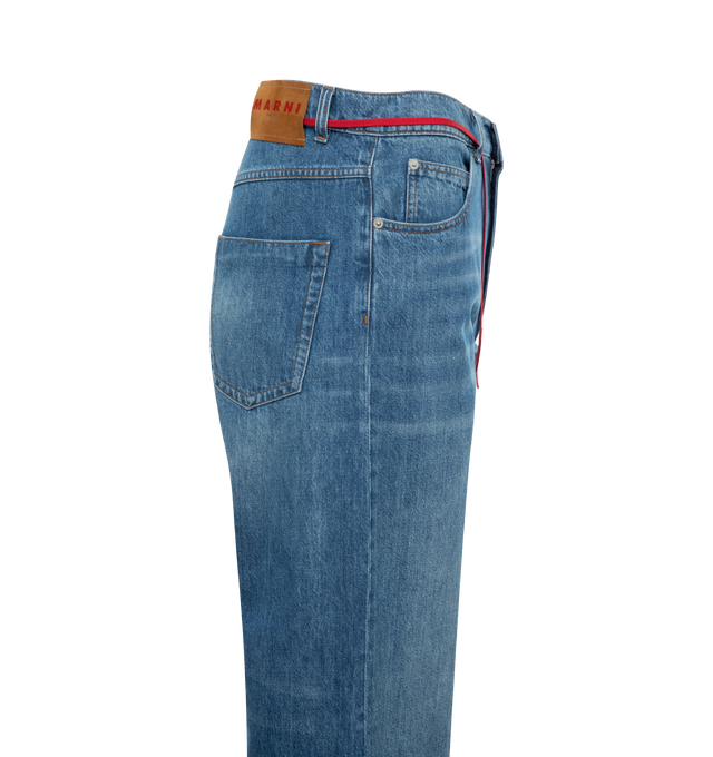 Image 2 of 2 - BLUE - MARNI Wide-Leg Jeans featuring belt loops, five-pocket styling, zip-fly, leather logo patch at back waistband and logo-engraved silver-tone hardware. 100% cotton. Made in Italy. 