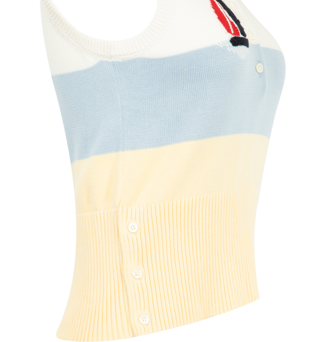 Image 3 of 3 - MULTI - Thom Browne Womens Polo Sweater is crafted from cotton knit. Features a partial button-front closure, ribbed polo collar, sleeveless silhouette, sailboat embroidery, buttoned side vents with signature RWB grosgrain trim, ribbed hem, and signature striped grosgrain loop tab. Main Material: 100% Cotton. Made in Italy. 