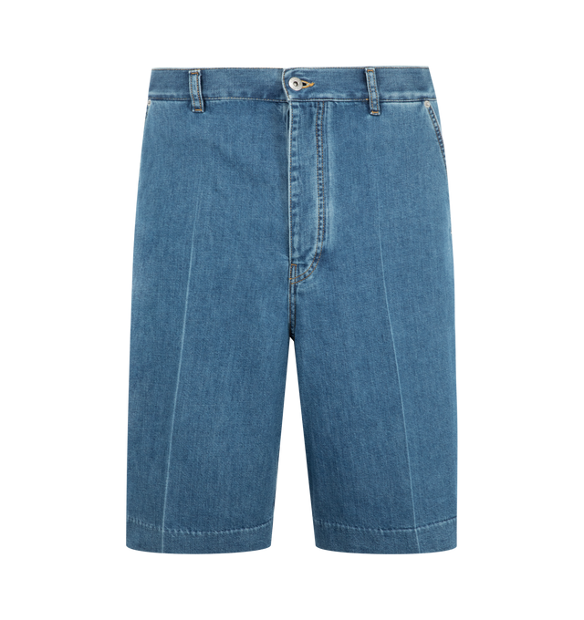 Image 1 of 3 - BLUE - Bottega Veneta Mens Wide-Leg Denim Shorts are crafted from lightweight washed denim. Feature a wide-leg silhouette, button closure, and embossed Intrecciato leather back patch. Main Material: Denim; Leather Trim: Intrecciato Leather. Made in Italy. 
