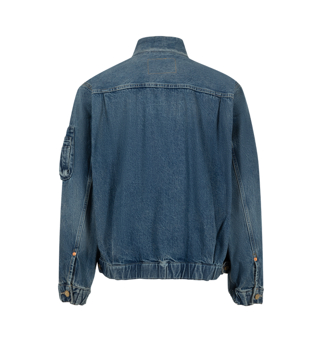 Image 3 of 4 - BLUE - Sacai X Levi's Men's Blouson Denim Jacket is crafted from a medium-dark wash cotton denim featuring a deconstructed denim design with a central zipper and utility pocket details on the sleeve. Main Material: 100% Cotton. Made in Japan. 
