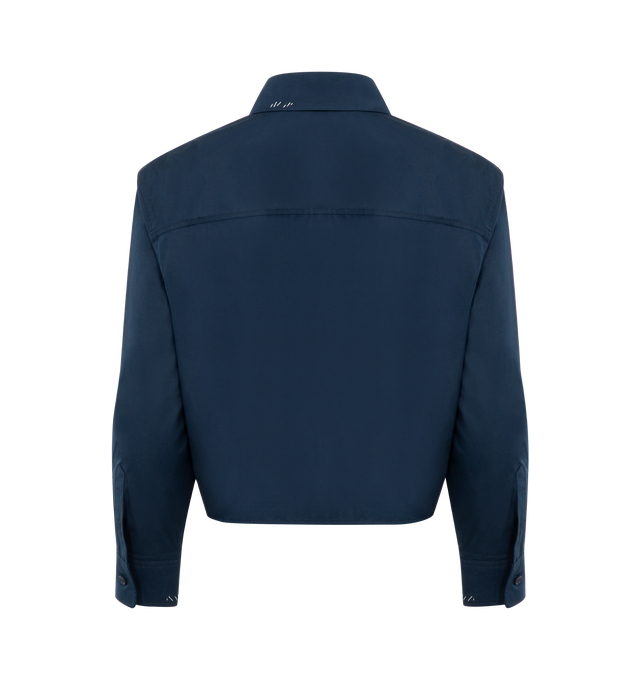 Image 2 of 2 - NAVY - MARNI Embroidered Logo Shirt featuring high-contrast stitches, a loosely embroidered logo, cropped button-down shirt framed with abbreviated sleeves, button-down collar and chest button-flap patch pockets. 100% cotton. Made in Turkey.  