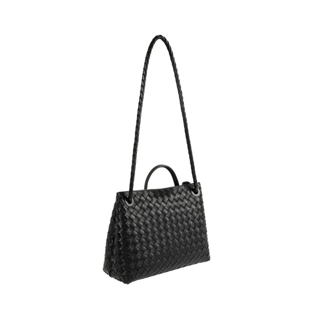 Image 3 of 4 - BLACK - BOTTEGA VENETA Andiamo Bag featuring top handle bag in supple Intrecciato leather with signature knot detail, sliding cross-body strap, compartmented interior with one zippered pocket, two open pockets and magnetic closure. 9.8 x 12.6 x 4.3. Lambskin. Made in Italy. 