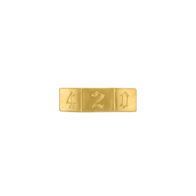 Image 2 of 2 - GOLD - Prounis 420 Ode Ring is handcrafted from 22K yellow gold and features elongated side facets with hand-engraved "420" lettering. Designed with a smooth interior suitable for a personalized inscription. Band Width: 6.5 mm. Handmade in New York. For personal consultation and detailed information about jewelry, please contact our dedicated stylist team at personalshopping@hirshleifers.com.This item may be restricted for online purchase to international clients. For assistance purchasing  