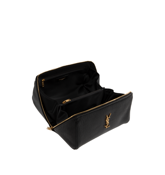 Image 3 of 3 - BLACK - SAINT LAURENT YSL Vanity Case in Grained Leather featuring signature YSL logo accent, top handle, two-way zip top closure, interior, one zip pocket and light bronze hardware. 8.3"H x 5.1"W x 5.1"D. 