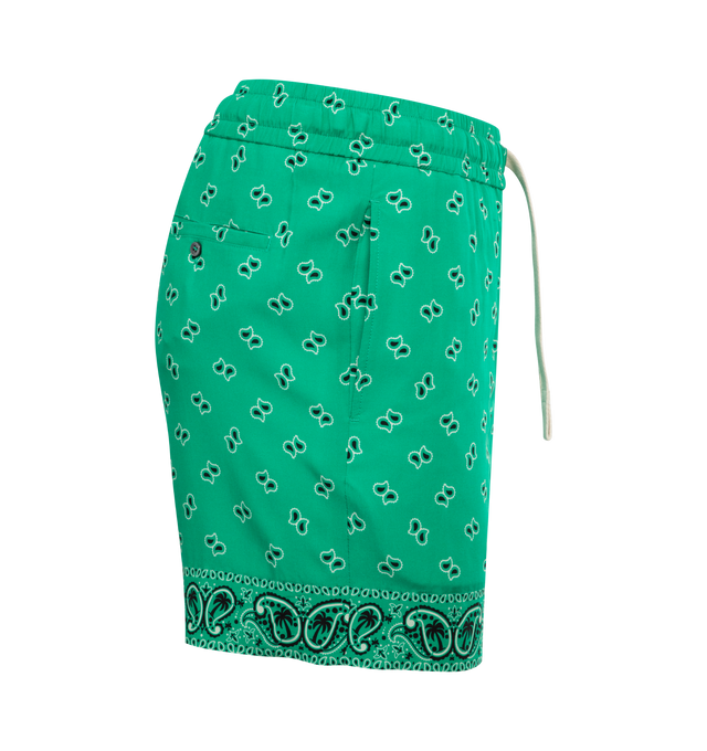 Image 3 of 3 - GREEN - Palm Angels paisley print swim shorts featuring elasticated drawstring waistband, two side inset pockets, rear flap pocket and a straight hem. Made in Italy. Polyester 100%. 