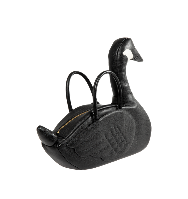 Image 2 of 3 - BLACK - THOM BROWNE Pebble Grain Goose Bag featuring rounded leather handles, brass zip top closure, exterior vent pockets, interior zip pocket, tricolor stripe lining and signature striped grosgrain loop tab. 100% calf full grain leather. Lining: 100% polyester. Made in Italy. 