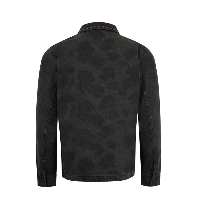 Image 2 of 3 - BLACK - PLEASURES Cowhide Work Jacket featuring canvas fabric, pigment dyed, full zip, turnover collar, snap-closure chest pockets and cuffs, side pockets, all-over cowhide print, studded detailing on collar and chest pockets and embroidered wordmark under left chest pocket. 100% cotton. 