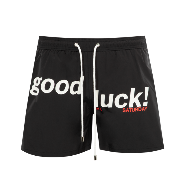 BLACK - MR. SATURDAY Good Luck Bathing Suit featuring drawstring closure, half lined, seam pockets and rear patch pockets, screen print on front and embroidered logo on rear pocket. 100% polyester.