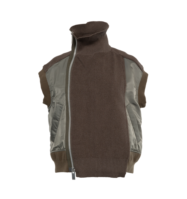 GREEN - SACAI Nylon Twill Mix Knit Vest featuring hybrid design with wool knit body and nylon panels, double zip closure, two side pockets, sleeveless and ribbed trims. 80% wool, 20% nylon.