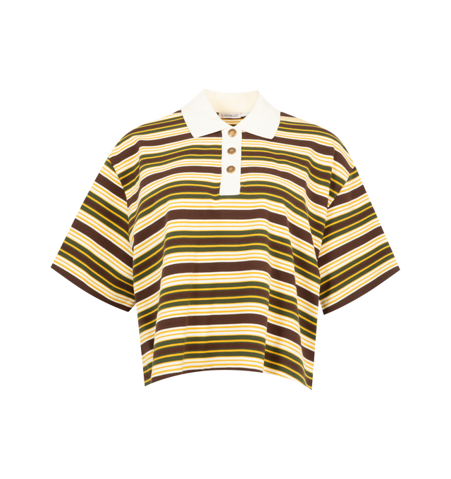 Image 1 of 1 - MULTI - Moncler Womens Striped Cotton Polo Shirt is crafted from cotton jersey. Features a polo collar, short sleeves, snap-button closure, side slits with grosgrain trim, embroidered label, and logo patch. Base Fabric: 100% Cotton; Ribs: 97% Cotton, 3% Elastane / Spandex. Made in Turkey. 