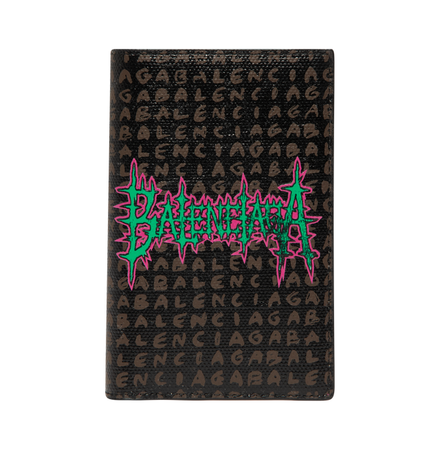 Image 1 of 3 - MULTI - Balenciaga Passport Holder is crafted from coated canvas with contrast Balenciaga logo print. Features a passport holder design, four card slots, one flat pocket, and a slim structured silhouette. Main Material: Cotton, Linen, Polyurethane. Made in Italy. 