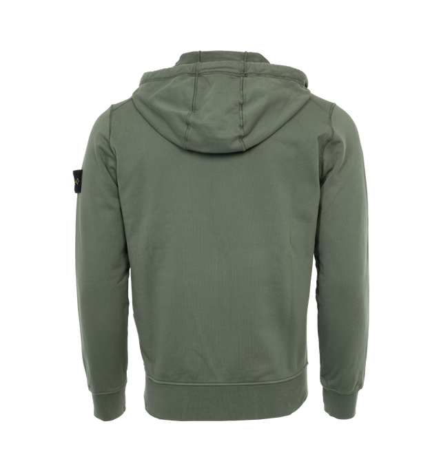 Image 2 of 3 - GREEN - STONE ISLAND Zip Hoodie featuring drawstring at hood, zip closure, rib knit hem and cuffs and detachable logo patch at sleeve. 100% cotton. Made in Turkey. 