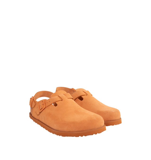 Image 2 of 4 - ORANGE - Birkenstock's Tokio a closed-toe clog in a regular width. The iconic Tokio sillhouette closely follows the contours of the foot featuring adjustable heel and arch straps. Upper: Luxurious fine flesh out suede, a full grain leather that has been flipped to use the fuzzy side. Footbed: Anatomical shaped BIRKENSTOCK cork-latex footbed, covered with premium, color-matching smooth nappa leather. Sole: EVA outsole with a 3mm EVA welt updates the standard die-cut outsole while still ensurin 