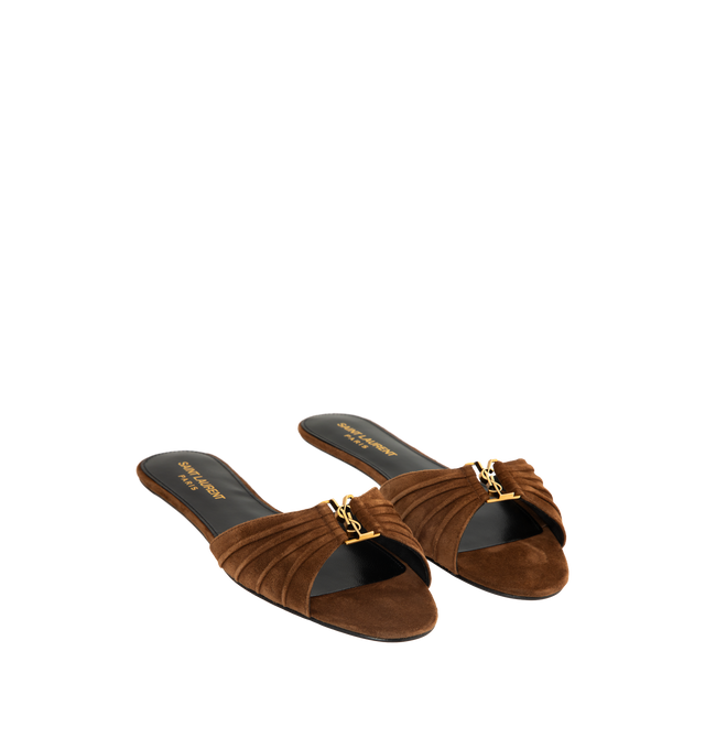 Image 2 of 4 - BROWN - SAINT LAURENT Babylone Slides in suede featuring flat slide sandals, an almond peep toe, gathered upper decorated with the cassandre and leather sole. Calfskin. Made in Italy. 