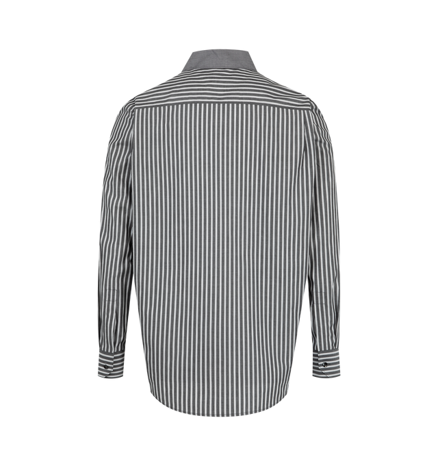Image 2 of 2 - MULTI - Saint Laurent Men's Winchester Cotton Shirt features a contrast-stripe pointed collar, matching striped button cuffs, signature YSL embroidery at the hip, and a front button closure. This designer cotton button-down shirt combines timeless tailoring with iconic Saint Laurent detailing for elevated everyday wear. Main Material: Cotton. Made in Italy. 