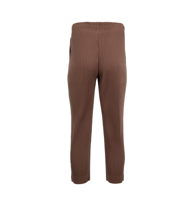 Image 2 of 3 - BROWN - Issey Miyake MC November Pants are a cropped style with an elastic waistband, side pockets, and a button fly closure. 100% polyester. Made in Japan.  