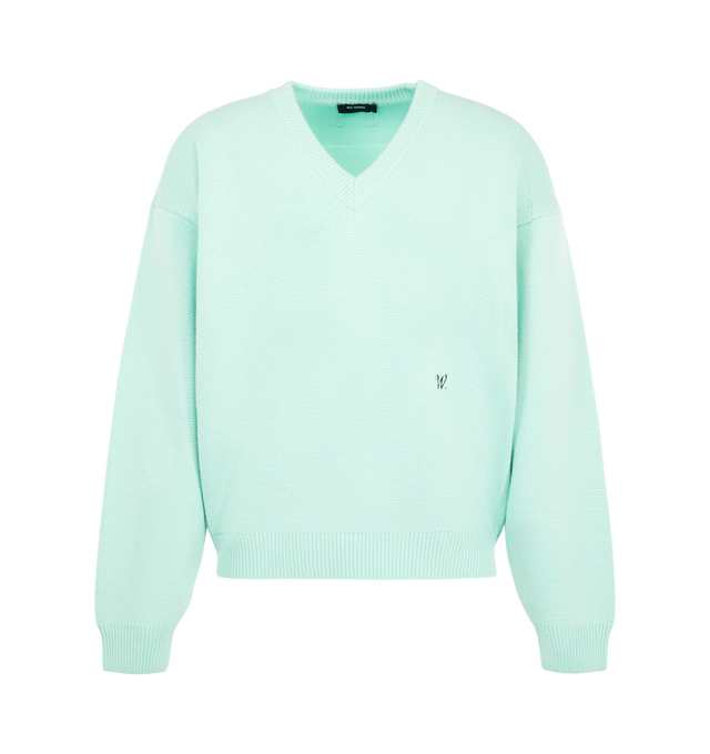 Image 1 of 2 - GREEN - Willy Chavarria V-Neck Sweater is crafted from premium wool and features a relaxed silhouette with dropped shoulders and a classic V-neckline. Designed with ribbed trims and subtle logo embroidery on the front side. Main Material: 100% Wool. Made in Italy. 