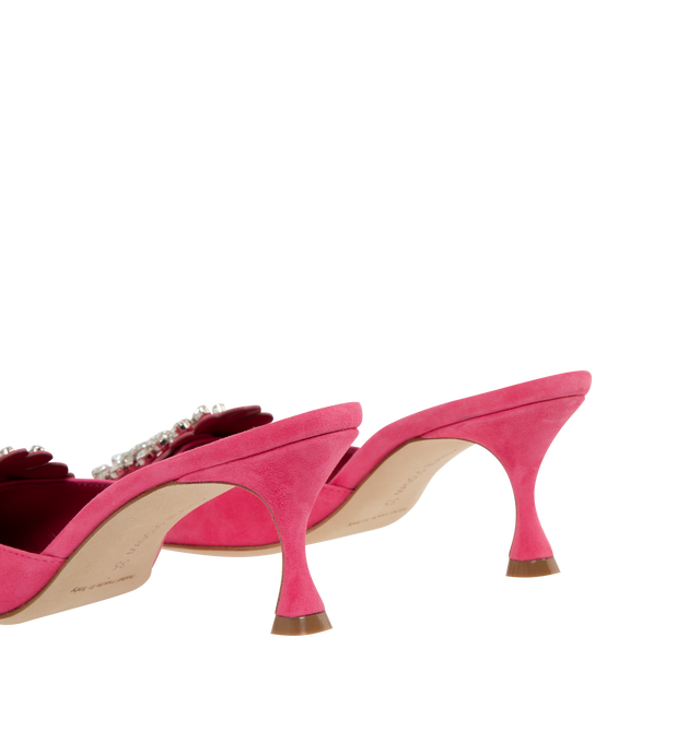 Image 3 of 4 - PINK - MANOLO BLAHNIK Shog Mule featuring suede mule pump, tonal floral-cut accent and crystal-embellished buckle, pointed toe, slide style and leather lining and outsole. 2.00 in/50 mm stiletto heel. Made in Italy. 