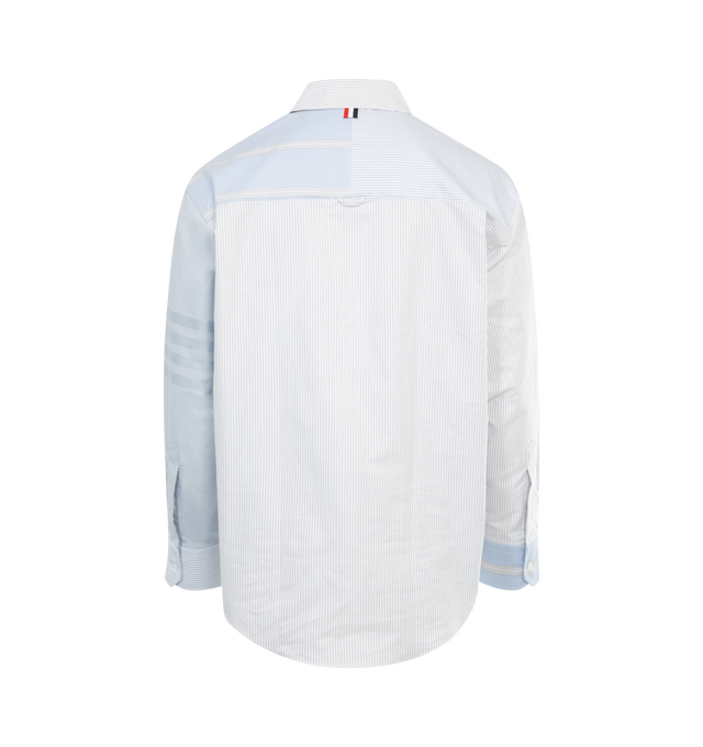 Image 2 of 2 - BLUE - THOM BROWNE 4-Bar Oversized Shirt featuring 4-bar detailing, front button closure, patch chest pocket, button cuffs, name tag applique above hem, pleated back yoke with locker loop and signature striped grosgrain loop tab. 100% supima cotton.  