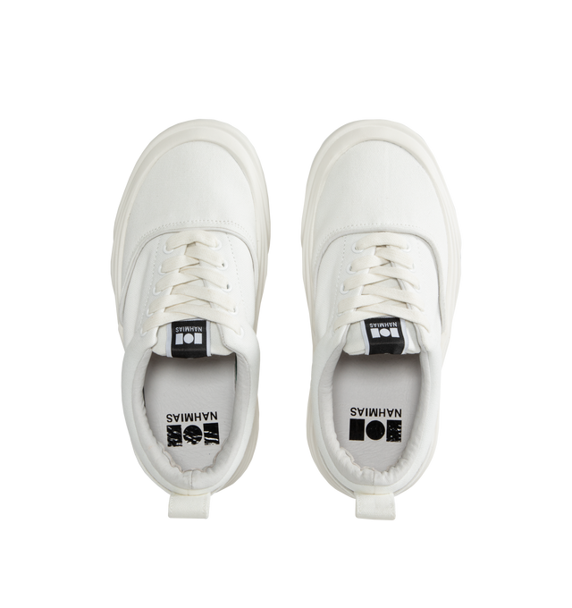 Image 5 of 6 - WHITE - NAHMIAS Ollie Sneaker featuring round rubber cap toe, lace up closure, textile logo patch at tongue, branded logo detail on outsole lip, padded tongue and collar, treaded logo outsole, rubber midsole, logo emboss on heel and logo gum bottom.  