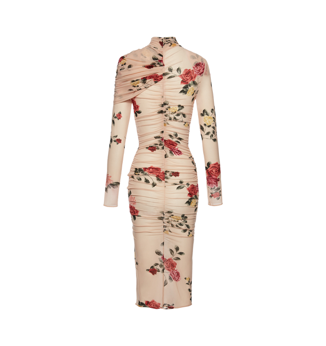 Image 2 of 2 - NEUTRAL - Magda Butrym Beige printed silk midi dress with a draped shoulder detail, ruched design, and long sleeves. Shell 92% Cipro 8% Elastane. Body 92% Cupro 8% Elastane. 