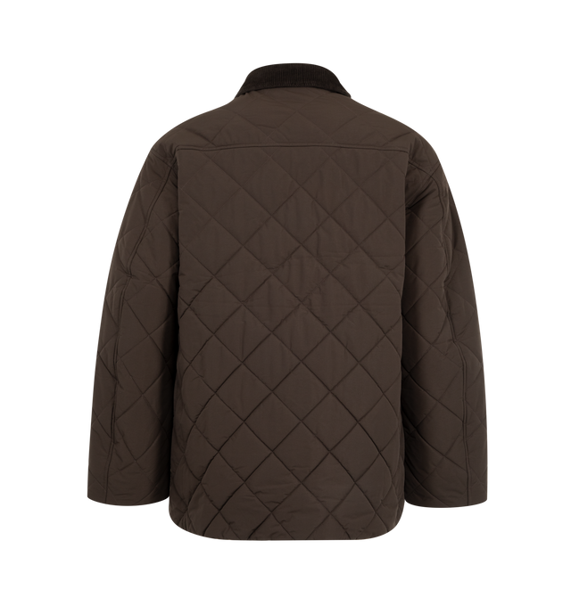 Image 2 of 3 - BROWN - Canada Goose Terra Coat is crafted from durable two-layer woven nylon with windproof and water-repellent properties for protection in cold, changing conditions. Designed with an intentionally oversized fit and mid-thigh length for easy layering and added coverage, this designer coat features contrasting corduroy at the collar and cuffs, a zip-front closure concealed by a snap-button placket, and multiple functional pockets throughout. Main Material: 100% Recycled Polyamide. Fill: 100% 
