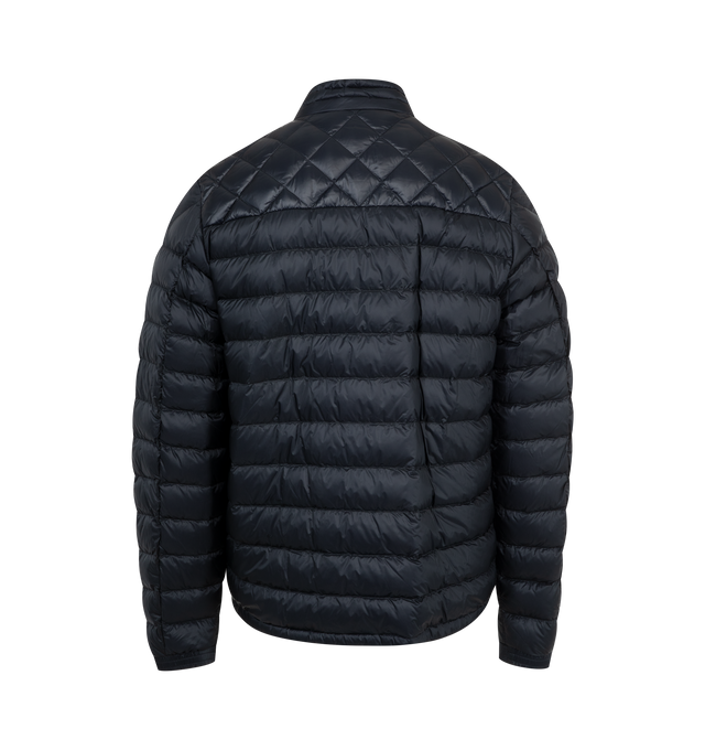 Image 4 of 6 - NAVY - Moncler Benamou Short Down Jacket has a mock neckline, a 2-way zip front closure, snap pockets and cuffs, a tricolor stripe placket, and diamond quilting details. Down and feather fill. 100% polyamide.  