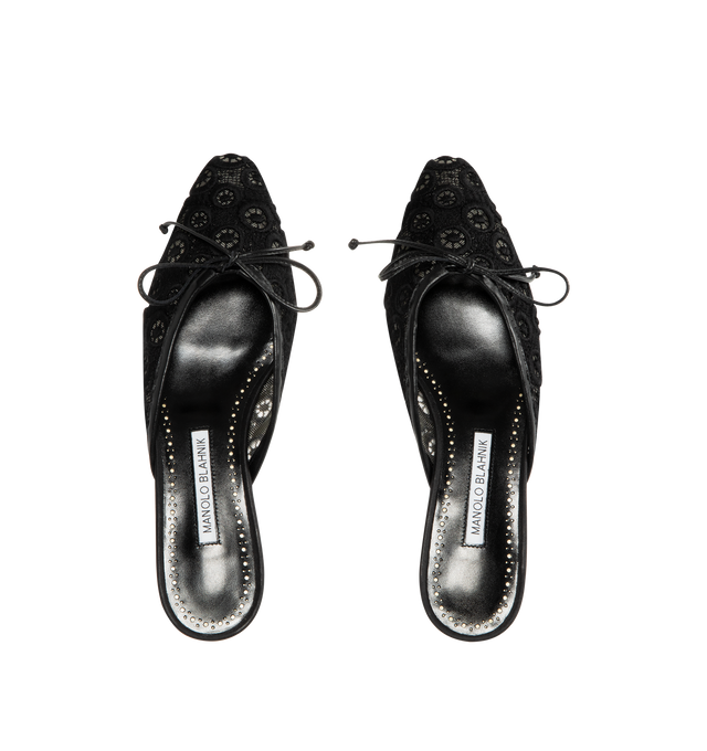 Image 4 of 4 - BLACK - MANOLO BLAHNIK Ballerimu Lace Flats featuring almond toe, slide on mule style, decorative leather bow and lace detail. Made in Italy. 