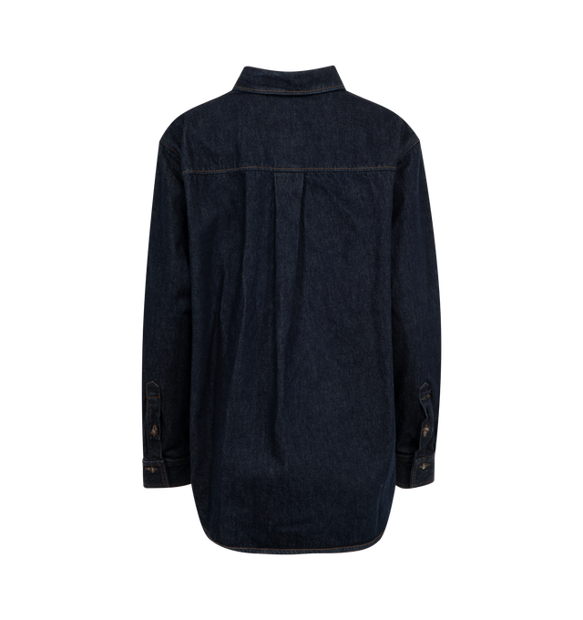 Image 2 of 3 - BLUE - TOTEME Signature Denim Shirt featuring non-stretch organic cotton denim, spread collar, button closure, logo embroidered at front hem, droptail hem, box pleat at back yoke and contrast stitching in tan. 100% cotton. 