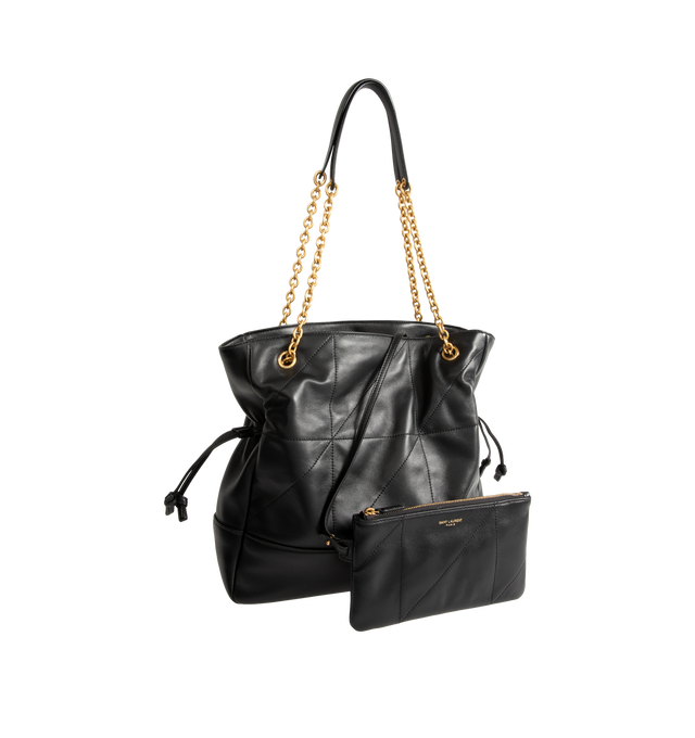 Image 2 of 3 - BLACK - Saint Laurent Women's Jamie Leather Shoulder Pouch is crafted from lambskin leather and features the signature leather-covered Cassandre logo with Carr Rive Gauche topstitching, a chain shoulder strap for crossbody wear, adjustable drawstring sides, a magnetic snap closure, bronze-tone hardware, a leather-lined interior, and one card slot. This designer leather shoulder bag combines soft structure with versatile styling for effortless day-to-evening wear. Main Material: Lambskin Leath 
