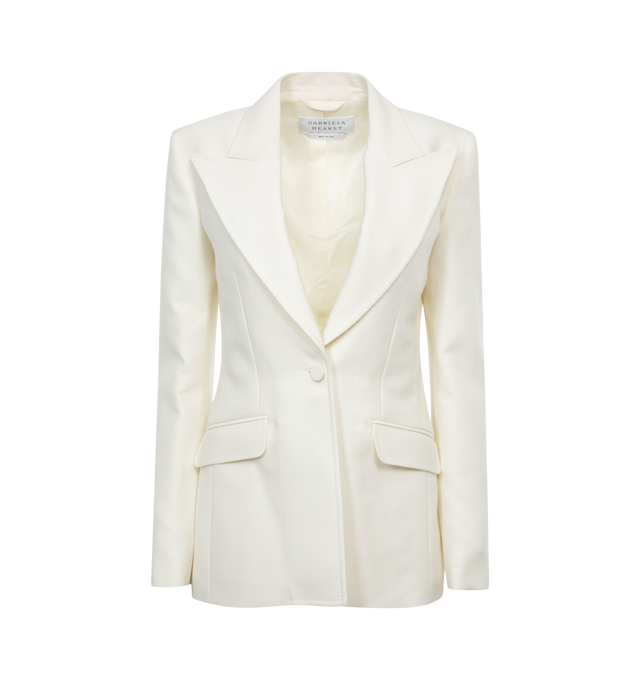 WHITE - GABRIELA HEARST Leiva Blazer Jacket featuring peak lapel collar, single button front, long sleeves, side flap pockets, mid-length and tailored silhouette. 100% wool. Made in Italy.