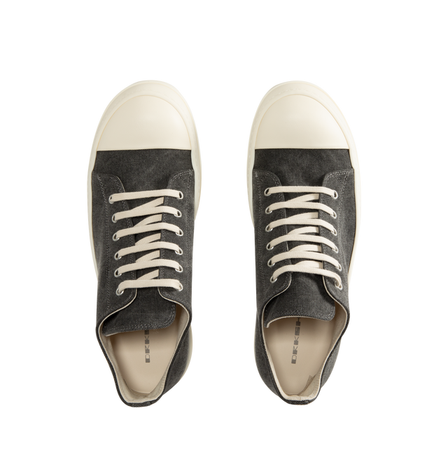 Image 5 of 5 - GREY - Rick Owens Men's DRKSHDW Low Top Sneaks Sneakers featuring canvas trainers with a rounded toe, tonal laces, contrast chunky sole, and contrast toe cap. Main Materials: Canvas textile. Rubber sole. Made in Italy. 
