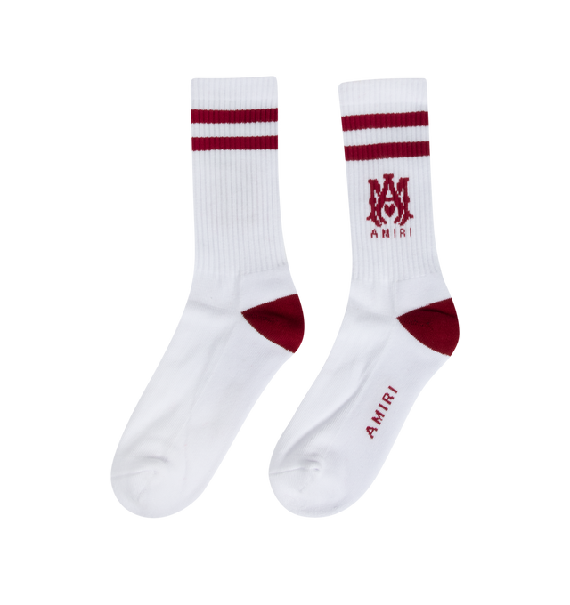 Image 2 of 2 - RED - AMIRI MA Stripe Socks featuring bold lines and a logo design. 78% cotton, 20% polyester, 2% elastane. 