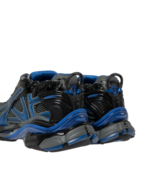 Image 3 of 5 - BLUE - Balenciaga Men's Runner Sneakers are crafted from a leather-free blend of polyurethane and polyester. Feature a worn-in finish, printed size at the toe, debossed size at the heel, printed Runner logo, embroidered logo at the tongue, logo at the back heel, pull tab, and a rubber, TPU, EVA, and polyurethane sole. Main Material: Upper: Polyurethane, Polyester; Sole: Rubber, TPU, EVA, Polyurethane; Insole: Foam. Made in China. 