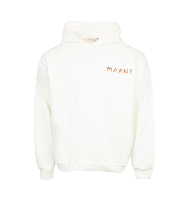 Image 1 of 3 - WHITE - MARNI Logo Hoodie featuring oversized fit, fixed hood, ribbed trims, Marni floral logo on the back, and a small version on the chest. 100% cotton. Made in Italy. 