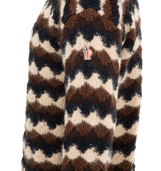 Image 3 of 3 - BROWN - MONCLER GRENOBLE Geometric Jacquard Wool Blend Sweater featuring gauge 3, crew neck, long sleeves and pattern throughout. 78% wool, 15% alpaca, 7% polyamide/nylon. Made in Romania. 