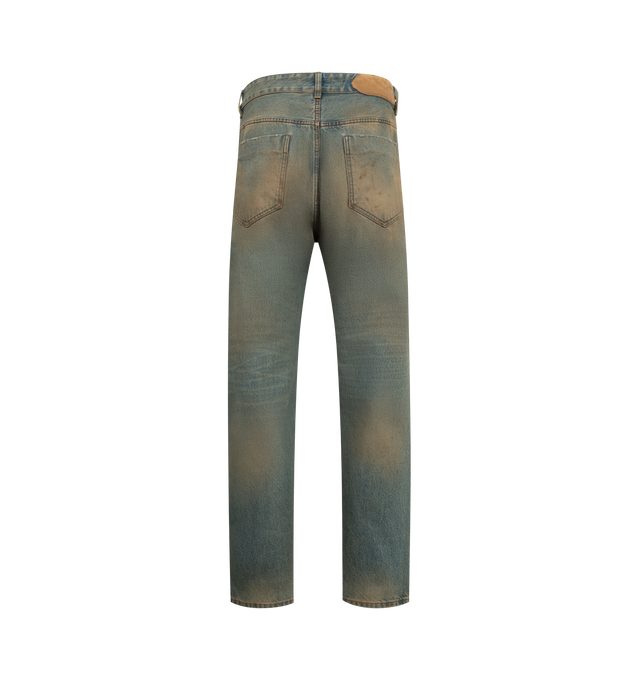 Image 2 of 3 - BLUE - JACQUEMUS Le De-Nimes Berger Jean featuring distressed straight leg jeans, mid-rise, zip fly with engraved metal button, belt loop including one "J" loop, five pockets including a ticket pocket, metal rivets, embroidered patch on the back and contrasting topstitching. 100% cotton. Lining: 65% polyester, 35% cotton. Made in Italy. 